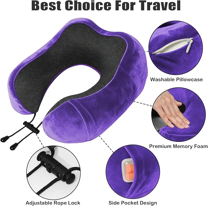 Travel Pillow, Memory Foam Neck Pillow for Traveling, U Shape Neck Pillow Airplane Portable Flight Pillow Travel Kit with 5D Contoured Eye Masks and Earplug for Plane Train Car Home Office - Image 3