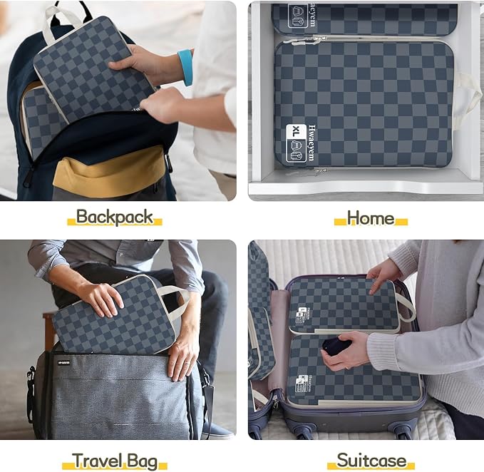 8 Set Compression Packing Cubes for Travel, Lightweight Dual Zipper Packing Cubes, Space-Saving Suitcase Organizer for Travel/Business Trip/Family Vacation (Blue-Gray Checkered) - Image 7