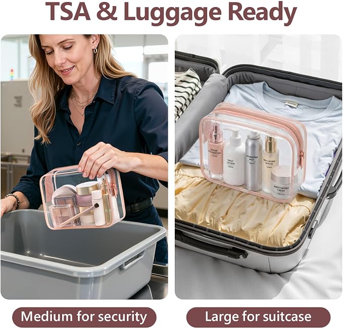 Clear Makeup Bag Travel - TSA Approved Toiletry Bag, 2 Rose Pink | 1 Medium Quart Carry-On & 1 Large Checked-Luggage, Reinforced Seams, Water-resistant, Clear Easy-Check for Airport, Women - Image 2