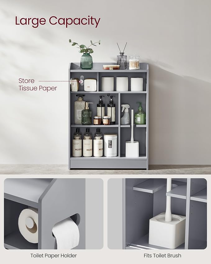 VASAGLE Slim Bathroom Storage Cabinet, Sliding Doors, Dove Gray | Adjustable Shelves，Toilet Paper Holder, Brush Compartment, 23.6 x 7.9 x 31.5 Inches, SIREN Collection UBBC752G02 - Image 4