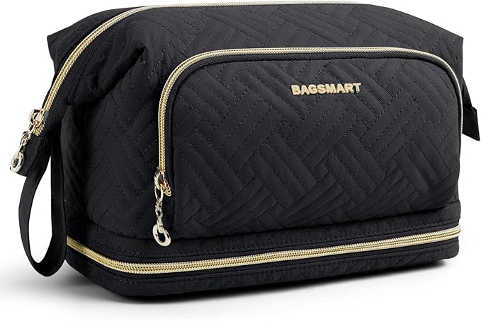 BAGSMART Travel Makeup Bag, Cosmetic Bag Make Up Organizer Case, Large Wide-open Pouch for Women Double Layers Purse for Toiletries Accessories Brushes Black by BAGSMART