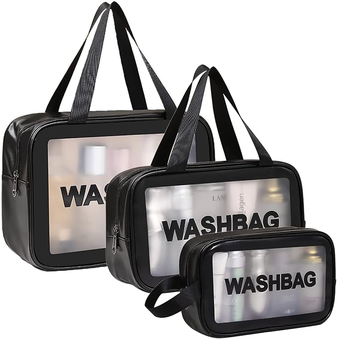 DAPOWER Travel Toiletry Bag for Women and Men, Matte Translucent Shower Bag with Handy Handle, Makeup Cosmetic Organizer Bag for Travel Toiletries Accessories (Black) by DAPOWER