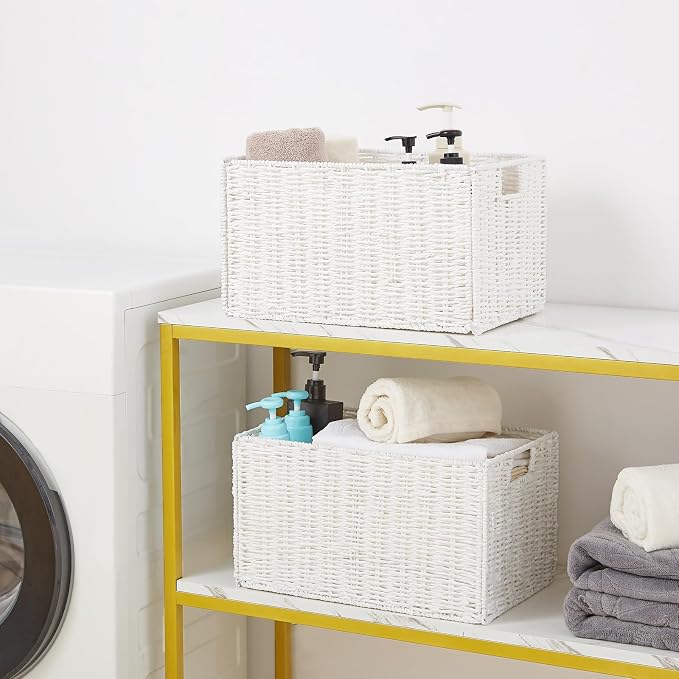Wicker Storage Basket, Set of 2 Hand-Woven Paper Rope Wicker Basket, Large Storage Baskets for Organizing, Foldable Large Cube Storage Organizer Bins for Shelves (White) - Image 7