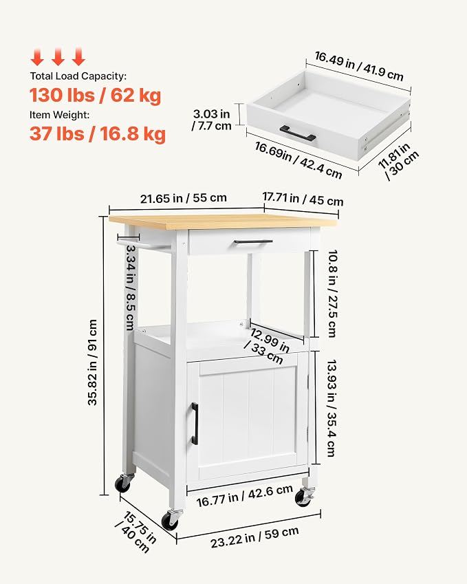 VEVOR Kitchen Island Cart with Single Door Cabinet, Mobile Carts with Drawer, Towel Rack, Hooks, Portable Table on Swivel Wheels, Small Coffee Islands Microwave Stand for Dining Room, 18x23 in, White - Image 3