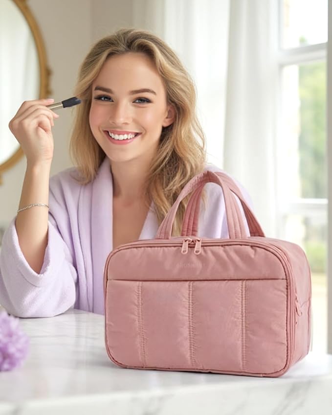 BAGSMART Travel Toiletry Bag, Puffy Large Toiletry Bag for Women, Lightweight Cosmetic Makeup Bag Organizer with Handle for Traveling, Accessories, Essentials, Toiletries （Dark Pink - Image 2