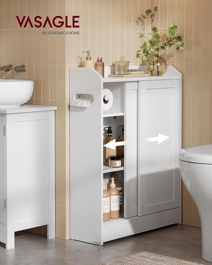 VASAGLE Slim Bathroom Storage Cabinet, Sliding Doors, Cloud White | Adjustable Shelves，Toilet Paper Holder, Brush Compartment, 23.6 x 7.9 x 31.5 Inches, SIREN Collection UBBC752W01 - Image 2