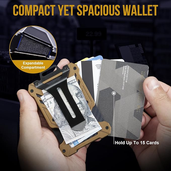 Carbon Fiber Slim Wallet Money Clip RFID Blocking ID Window | Hold UP to 15 card,C-Shaped Quick-Access Card Slot,Front Pocket Slim Fit Design,Lanyard Compatible Badge Holder,Easy Clean - Image 3