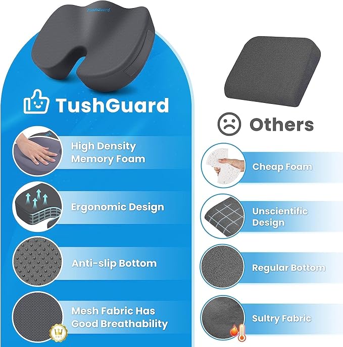 Memory Foam Seat Cushion for Office Chair, Car Seat, Gray, XXL | Office Chair Cushion for Car, Airplane - Chair Pad for Long Sitting Sciatica, Hip, Coccyx,Tailbone Pain Relief, Butt Pillow - Image 4