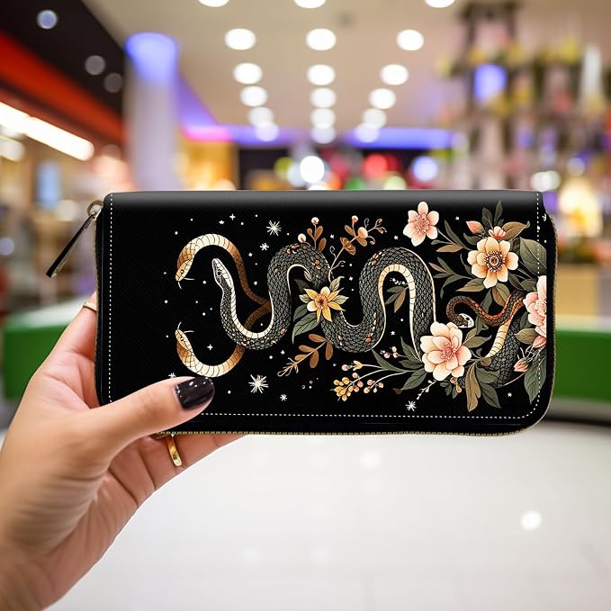 Wallet,Leather Long Wallet Suitable For Ladies And Teenagers - Detachable Wristband + RFID Travel Wallet With Card Slot - Aesthetic Snake Floral - Image 4