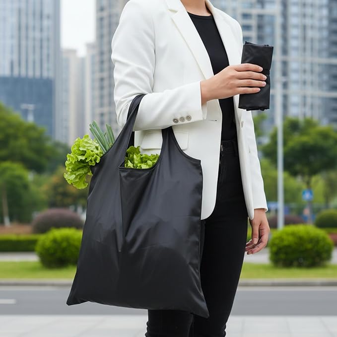 ElevateTech Foldable Tote for Women Men, 2 Pcs Ultra-Lightweight Foldable Shopping Bag Kitchen Reusable Grocery Bag Washable Tote Bags Compact Travel Market Handbag (Black) - Image 6