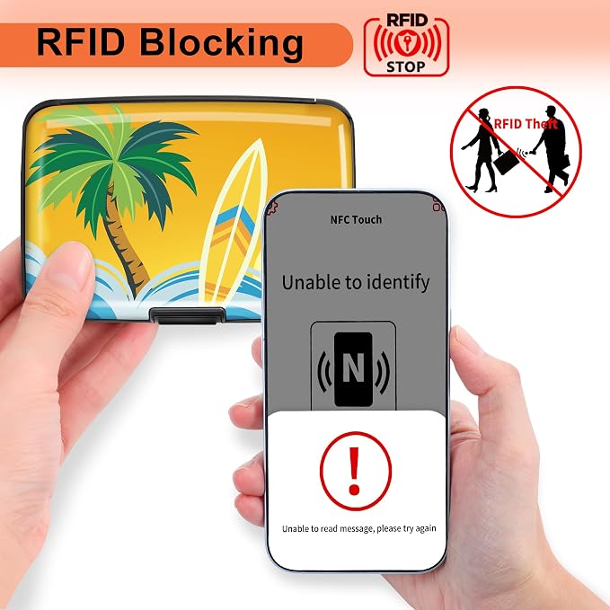 2 Pack Credit Card Holder for Women RFID Blocking Wallet, Tropical Surfing | Card Wallets for Women Small Mini Business Metal Accordion Aluminum Alloy Hard Case for Men - Image 2