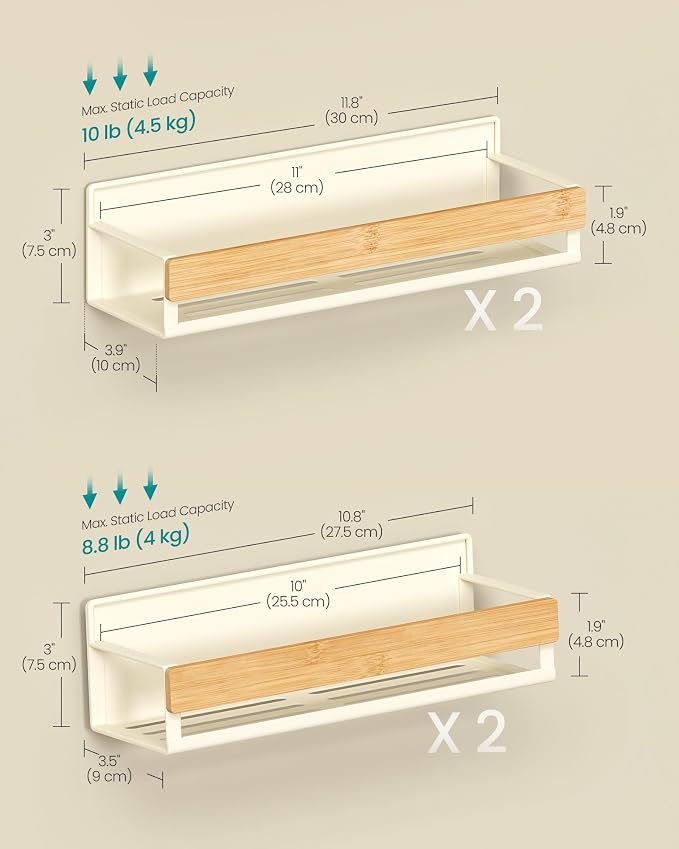 SONGMICS 4-Pack Strong Magnetic Real Bamboo Spice Racks for Fridge | Kitchen Organizer Shelf, 11.8 x 4.1 x 3 / 10.6 x 3.6 x 3 in, Cream White and Light Bamboo, BYSTRO Collection, UKCS062WD01 - Image 6