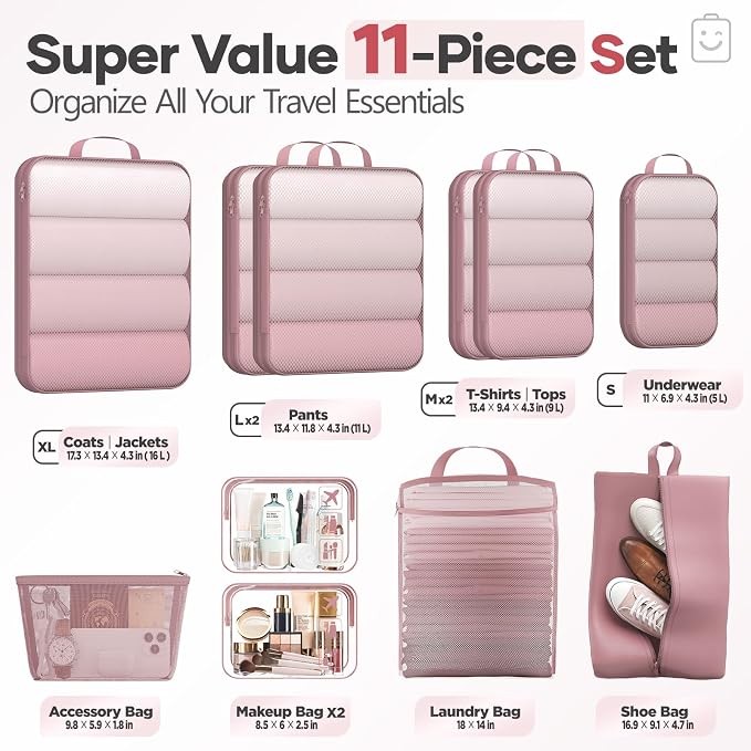 Veken 11 Set Compression Packing Cubes Garment Bags for Travel Essentials,Compressible Expandable Luggage Organizer Bags for Clothing,Space Saver Bags with Over 1000 pcs of Mesh Holes(Light Coral) - Image 2