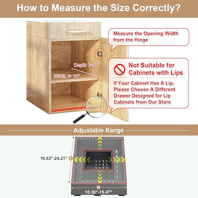 Fokyfok Pull out Cabinet Organizer,11"-16"W,17"-24"D,Expandable,Adhesive | No Drill,3 Rails,Adjustable Slide out Drawers for Kitchen,Pantry,Roll out Shelves,for Cabinets Without Lip,Bathroom,Black,1PC - Image 2