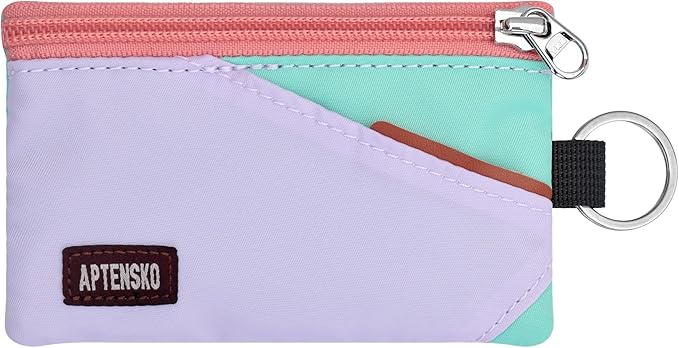 RFID Blocking Travel Wallet with Adjustable Lanyard, Small Nylon Zipper Pouch and Badge Holder for ID, Credit Cards, Cash, Keys, Commuters (SoftLilac+MintAqua) by APTENSKO