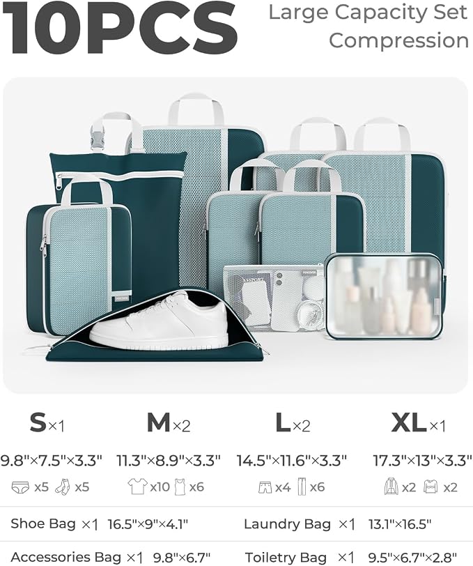 Percover Compression Packing Cubes for Travel, 10-Piece Structured Compression Organizer Set with Toiletry Bag, Laundry Bag & Shoe Bag for Carry-On & Checked Luggage, Peacock Green - Image 2