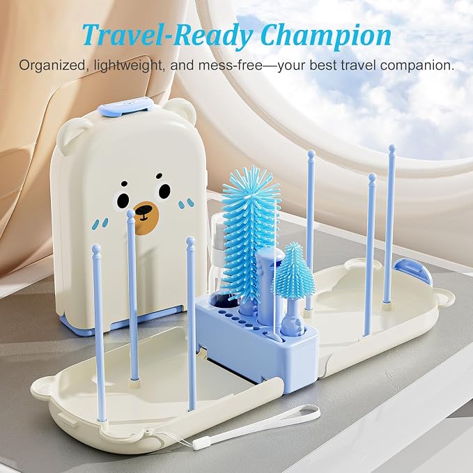 Blue Travel Bottle Cleaner Kit with Drying Rack – 6-in-1 Baby Bottle Washer & Silicone Brush Set for Pump Parts, Nipples & Straws – Portable Baby Travel Essential in Compact Case - Image 2