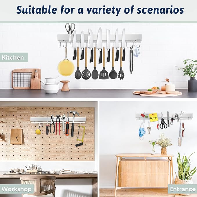 23 Inch Magnetic Knife Holder for Wall - Stainless Steel Magnet Knife Strip No Drill with 15 Hooks/Adhesive Tape/Screws, Kitchen Utensil Holder, Magnetic Knife Organizer, Wall Mounted Knife Storage - Image 6