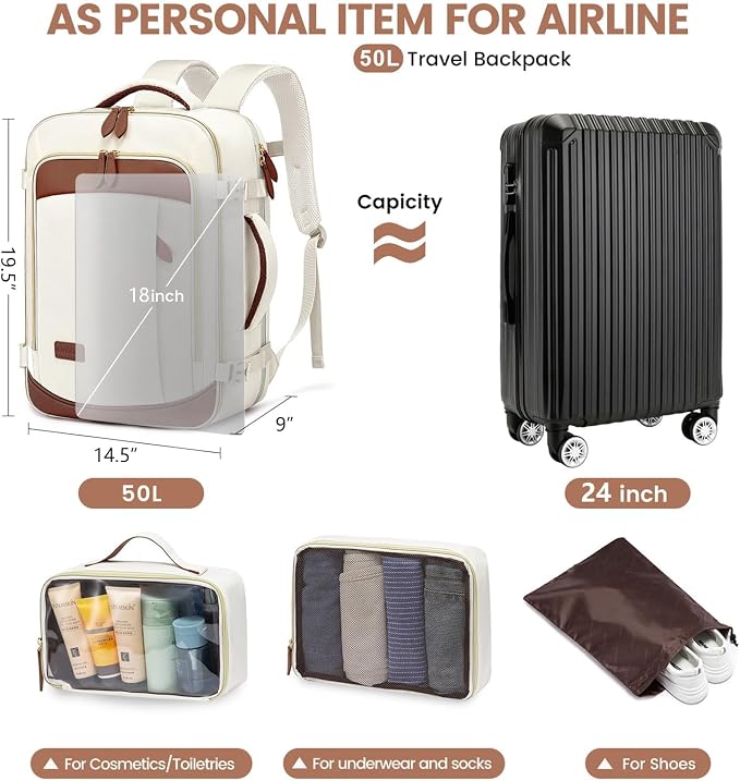 LOVEVOOK Travel Backpack Carry On Airline Approved, 50L Large Backpack with 3 Packing Cubes, TSA Travel Essentials Carry On Bag, Waterproof Weekender Overnight Luggage Daypack, Fits 18 Inch Laptop - Image 4
