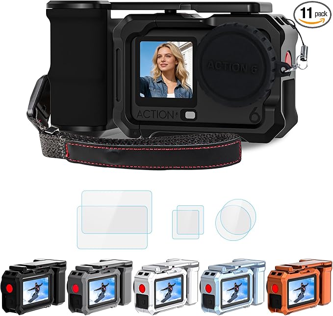 YETAKKR Camera Protection Kit for DJI OSMO Action 6 Aluminum Grip Set - 11-Piece Bundle: Street Photography Handle + Protective Cage + 9H Screen Protector + Wrist Strap Bundle Accessories by Unknown