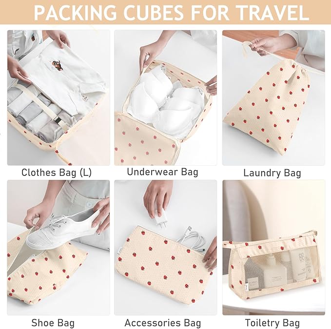 KPX 8 Set Packing Cubes for Travel, Luggage Packing Organizers Accessories Large Toiletries Bag for Clothes Shoes Cosmetics (8Set-Beige Strawberry) - Image 4