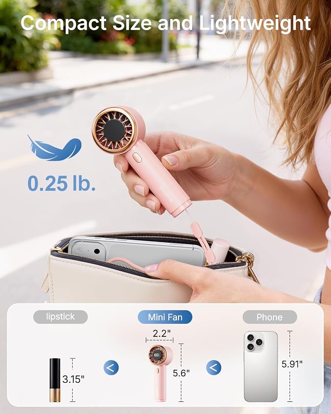 SWEETFULL Portable Handheld Fan, Mini Rechargeable Personal Hand Fan | Strong Airflow, Pocket-Sized, Up to 12H, 5 Speeds, Quiet Cooling Travel Essentials, Cute Gifts for Women, Girls, Lash, Makeup - Image 4