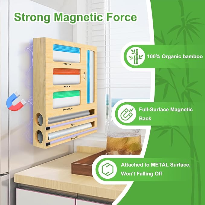 MSJGA Magnetic Food Bag Storage Organizer for Drawer or Refrigerator | Ziplock Bag Organizer, Compatible with Gallon,Quart, Sandwich, Snack & Variety Size Bags, Bamboo, 12.7"W x 16.6"H x 4"D - Image 2