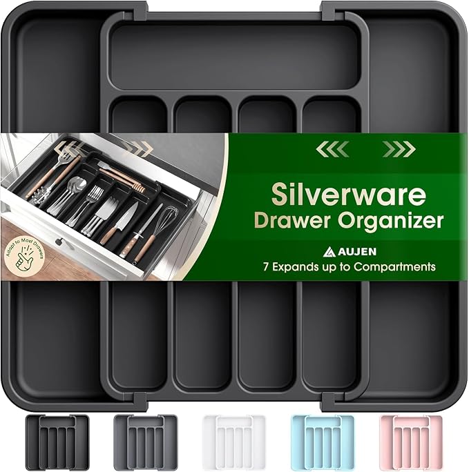 Aujen Silverware Drawer Organizer, Adjustable Utensil Cutlery Tray | Expandable Kitchen Organizer for Forks Knives, Multipurpose Kitchen Storage, Apartment Essentials, Black, Medium by AUJEN