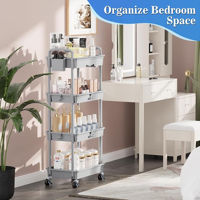 SUNALLY 4 Tier Rolling Cart with Drawer, Craft Storage Cart Organizer, Gray | Bathroom Storage Organizer with 2 Lockable Wheels, Rolling Utility Cart for Kitchen, Office, Baby, Makeup, Nail,Snack,Laundry - Image 7