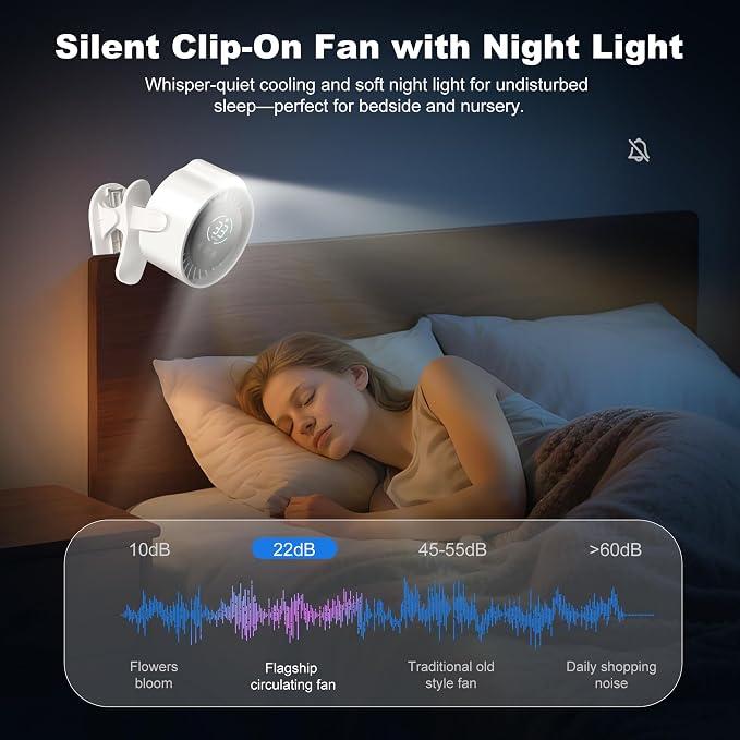 Clip On Rechargeable Fan with LED Light 100 Speed (Need Long Press), 720° Adjustment, Small Protable Desk Fan Quiet Clamp Base 12H Battery, 7 Blades for Dorm Bedroom Travel Camping - Image 3