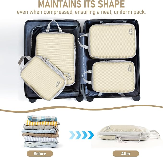 4 Set Compression Packing Cubes, Suitcase Organizer, Lightweight Travel Essentials, Compression Bags For Travel Accessories Luggage Storage Set (4 Pcs, Beige) - Image 5