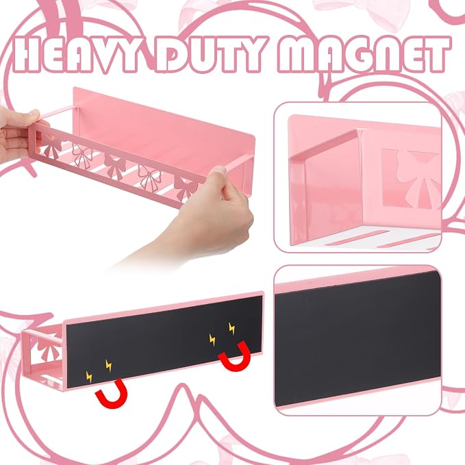 Beeveer 2 Pcs Magnetic Spice Rack for Refrigerator, Pink Bow | Magnetic, No Drilling, Pink Bow Kitchen Decor, Pink Home Accessories, 2 Sizes Metal Storage Shelf for Fridge Spices - Image 3