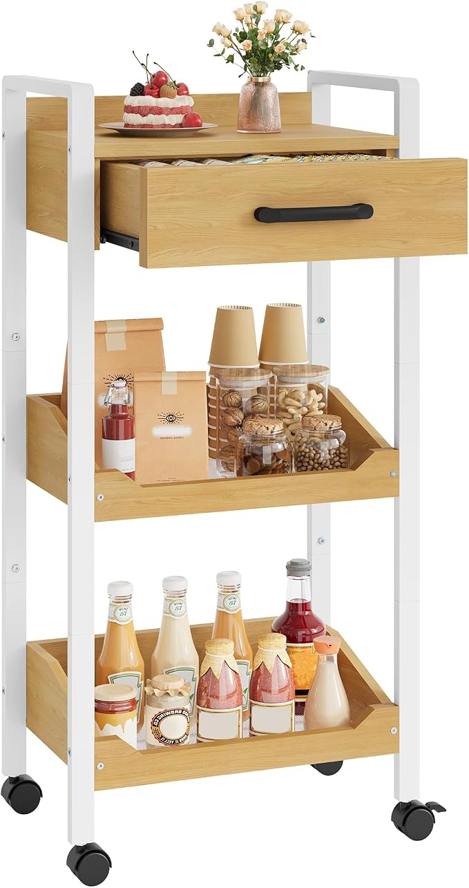 Hoctieon 3-Tier Rolling Storage Cart with Drawer, Rolling Utility Cart Organizer, Mobile Shelving Unit with Wheels, Metal Frame, Kitchen Utility Cart for Small Space, Office, Bathroom, Oak Beige - Image 2