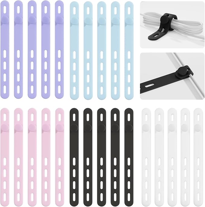 25Pack Silicone Cable Ties,Reusable Cord Organizer for Bundling Electrical Cords,Adjustable Data Cable Organizer Ties,High Elasticity Cable Straps for Home/Office/School/Travel(5 Colors) by TIKIWIK