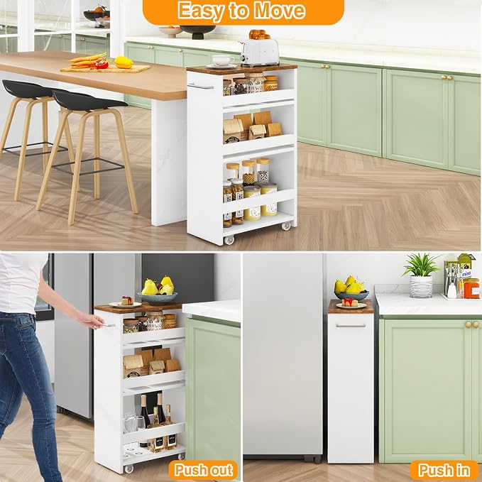 IBUYKE Slim Storage Cart Skinny Rolling Cart Utility Trolley UWST005W-L | 4-Tier,7.9" Narrow, with Handle & Lockable Wheels, for Kitchen Laundry Room Bathroom, Small Spaces,Space-Saving - Image 9