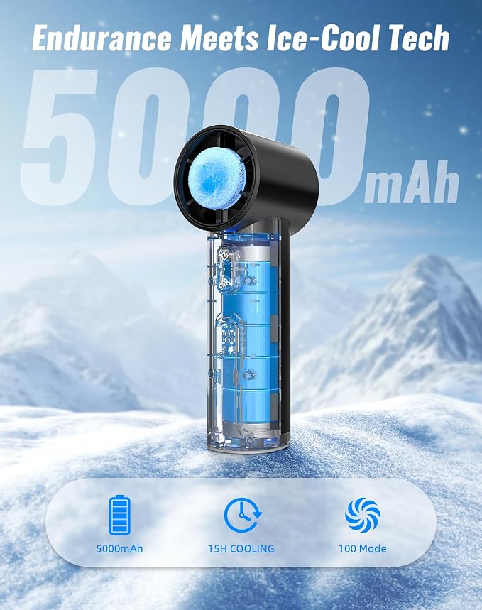 Portable Handheld Fan with Ice Cooler, Turbo Power 17800 RPM, Fast Charge, Digital Display, 100 Speeds Adjustable, Personal Fan Gifts for Women Makeup Travel Cruise Camping Outdoor, Black - Image 3