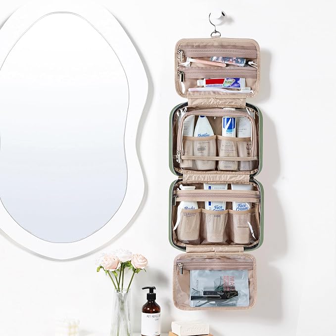 NISHEL Travel Toiletry Bag for women, Portable Hanging makeup Organizer | for Travel-Sized Shampoo, Conditioner, Brushes Set, makeup Accessories, Medium Size, Bronze Green - Image 2