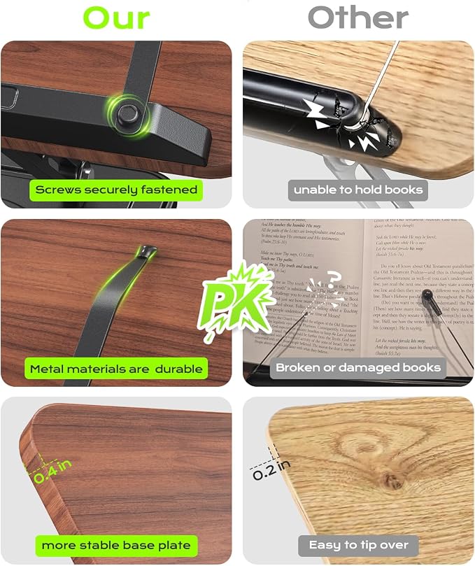 LOXP Ergonomic Book Stand for Reading, 360° Rotating Holder with Page Clip | Adjustable height angle, Storage Base, Hands-free, anti-slip, Fits tablets cookbooks magazines laptops, wood and metal - Image 2