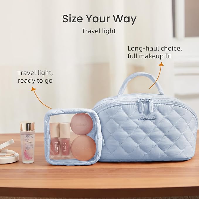 LOVEVOOK Travel Makeup Bag for Women, 2Pcs Puffer Waterproof Cosmetic Organizer, Large Capacity Pouch Open Flat Small Toiletry Bag with Brush Compartment & Handle (Blue, Medium) - Image 6