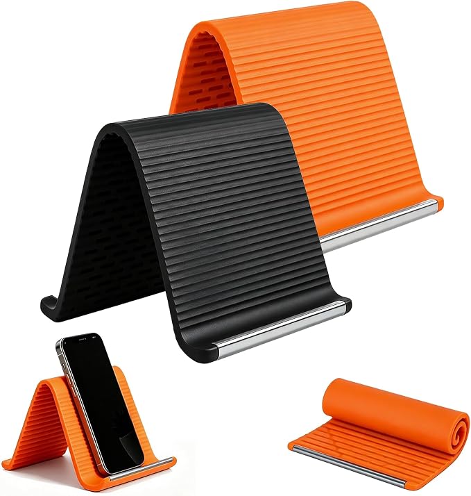 2PCS Portable Foldable Silicone Aluminum Phone Stand, Bendable Core Foldable Rollable Phone Holder - Flexible iPhone Stand for Long Travel Accessories - Plane Essentials (Black+Orange) by Unknown