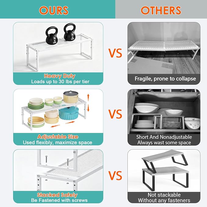 2 Pack Expandable Cabinet Shelf Organizer, Adjustable Kitchen Countertop Metal Storage Shelves Organizers, Stackable Kitchen Counter Pantry Cupboard Storage Rack, 30LBS Load Capacity,15.5"-25.5" Long - Image 7