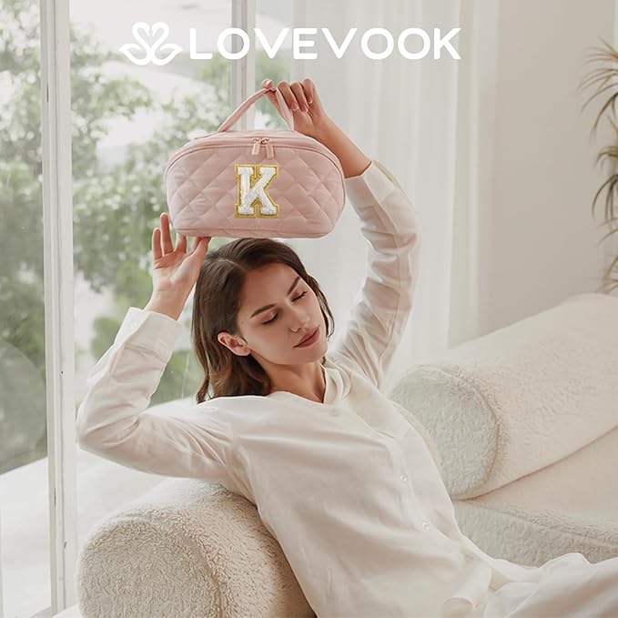LOVEVOOK Travel Makeup Bag for Women, 2Pcs Puffer Waterproof Cosmetic Organizer, Large Capacity Pouch Open Flat Small Toiletry Bag with Brush Compartment & Handle (Pink-k, Medium) - Image 2