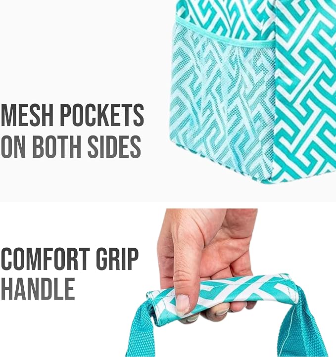 Extra Large Utility Tote Bag - Oversized Collapsible Reusable Wire Frame Rectangular Canvas Basket With Two Exterior Pockets For Beach, Pool, Laundry, Car Trunk, Storage - Geometric Teal - Image 8