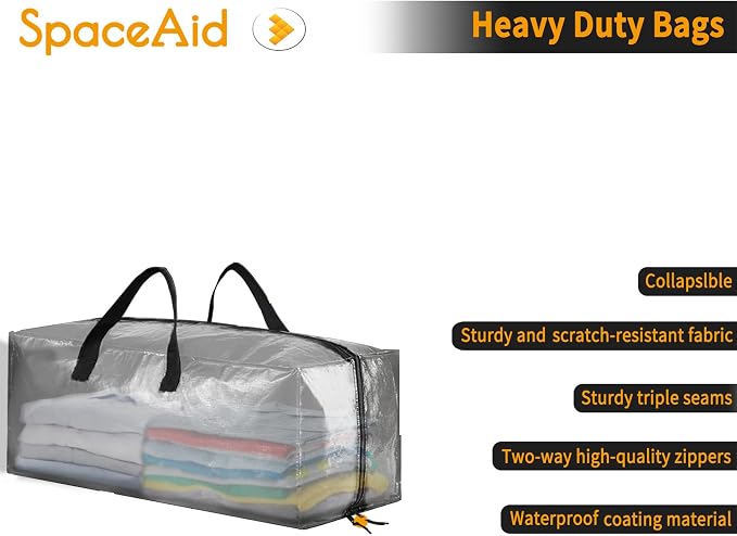 SpaceAid Heavy Duty Moving Bags, Extra Large Storage Totes W/Backpack Straps Strong Handles & Zippers, Alternative to Moving Boxes, Packing & Moving Supplies, Clear (8 Pack) - Image 6