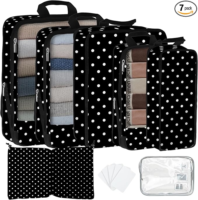 7 Pcs Compression Packing Cubes for Travel, Waterproof Suitcase Luggage Backpack Organizer with Toiletry Bag Travel Essentials for Women/Men-Polka Dots by Unknown