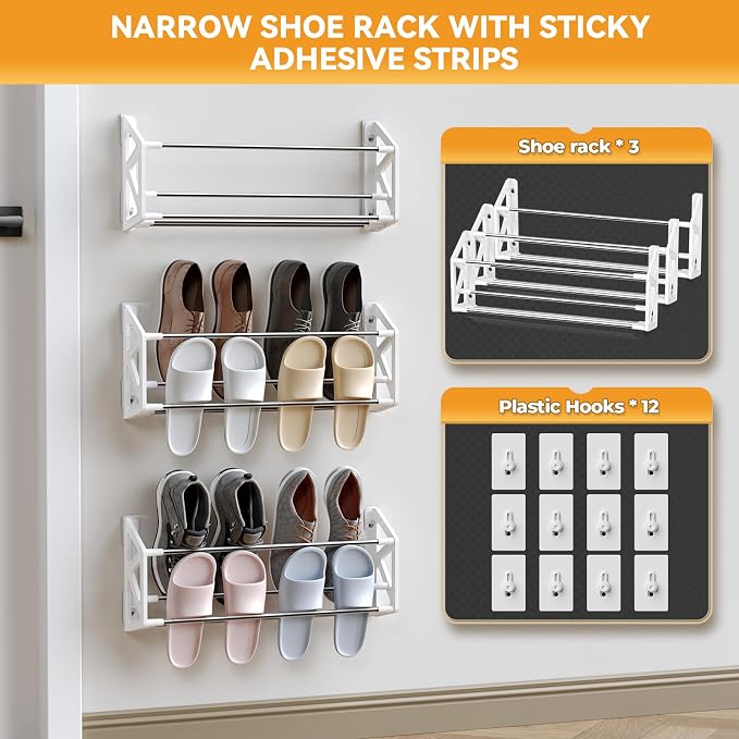 3 Pack Wall Mounted Shoe Rack, No Drill Adhesive & Screw 2-in-1 Holds 12 Pairs, Space-Saving Vertical Storage for Entryway, Bathroom & Kitchen, Renter Friendly Fits Tile Marble Glass Wood Wall (White) - Image 6