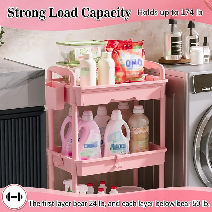 SUNALLY 3 Tier Rolling Cart with Drawer, Craft Storage Cart Organizer, Pink | Bathroom Storage Organizer with 2 Lockable Wheels, Rolling Utility Cart for Kitchen, Office, Baby, Makeup, Nail,Snack,Laundry - Image 5