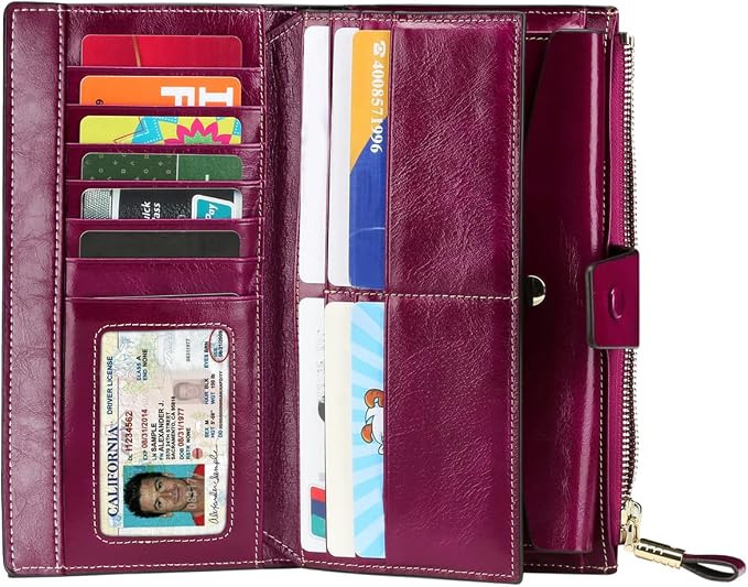 Itslife Womens Wallet RFID Blocking Large Capacity Luxury Wax Genuine Leather Wallets Clutch Wallet Ladies Card holder, Fuchsia - Image 2