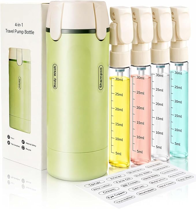 4 in 1 Travel Dispenser Bottle, TSA Approved Leak Proof Refillable Toiletry Containers for Shampoo, Conditioner, Lotion & Skincare – Easy Clean Travel Bottles for Gym, Business by BloomDaily