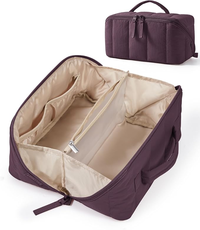 BAGSMART Puffy Travel Makeup Bag Toiletry Bag for Women, Burgundy Purple | Open Flat, Portable, Make Up Organizer, Water-resistant, Puffy Padded, For Toiletries, Brushes by BAGSMART
